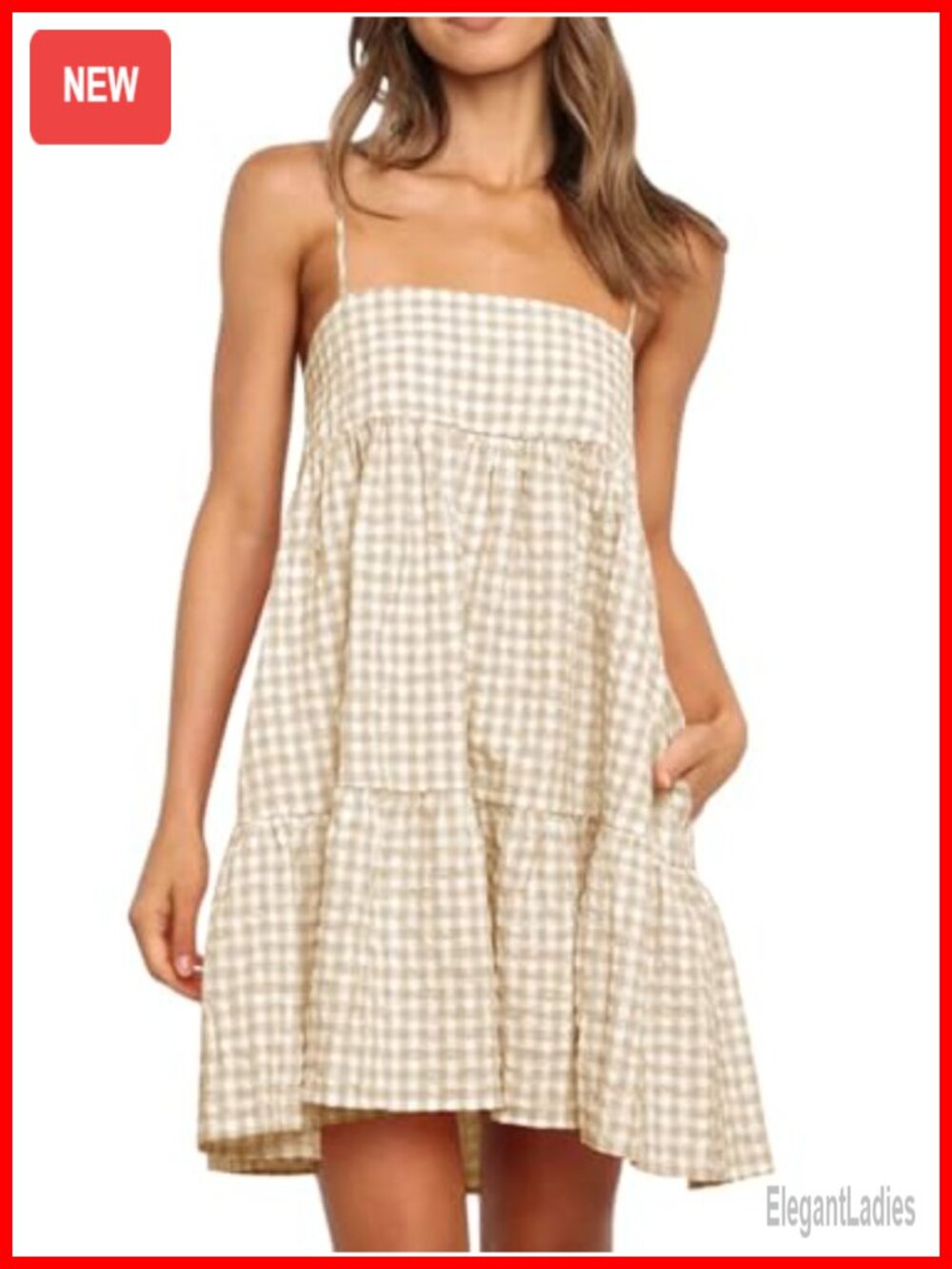 Womens Plaid Mini Sundress Sleeveless Spaghetti Strap Cotton Blend Beach Casual